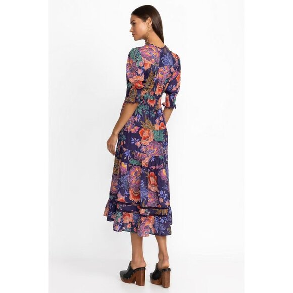 $598 NWT Johnny Was Jade Silk Blend DAPHNE TEA Tiered Ruffles Midi DRESS Size XS - Picture 4 of 16